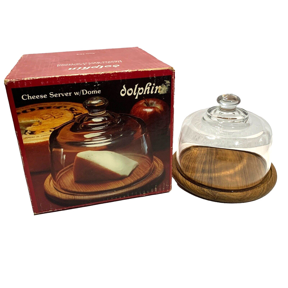 Dolphin Cheese Server with Dome Teakwood Vintage with Box 7.5" Diameter